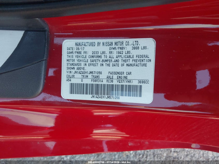 2018 Nissan 370Z VIN: JN1AZ4EH1JM571056 Lot: 45592706