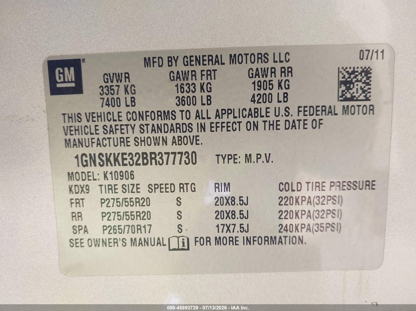 2011 Chevrolet Suburban Ltz VIN: 1GNSKKE32BR377730 Lot: 45592729