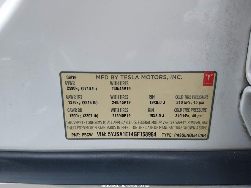 2016 Tesla Model S 60/70/75/85 VIN: 5YJSA1E14GF158964 Lot: 45592737