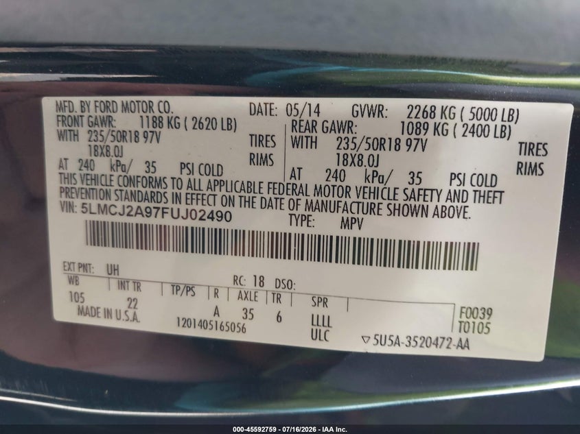 2015 Lincoln Mkc VIN: 5LMCJ2A97FUJ02490 Lot: 45592759