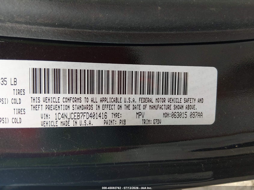 2015 Jeep Compass Latitude VIN: 1C4NJCEB7FD401416 Lot: 45592762