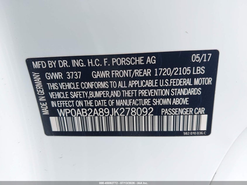 2018 Porsche 718 Cayman S VIN: WP0AB2A89JK278092 Lot: 45592772