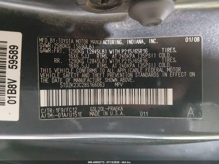 2008 Toyota Sienna Le VIN: 5TDZK23C28S166063 Lot: 45592773