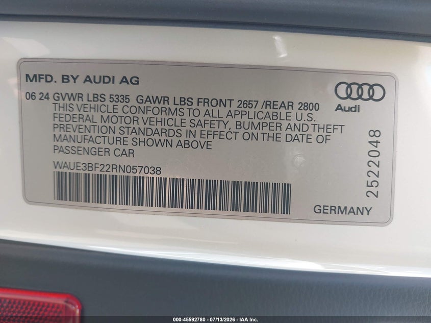 2024 Audi A6 Premium Plus 45 Tfsi Quattro S Tronic VIN: WAUE3BF22RN057038 Lot: 45592780