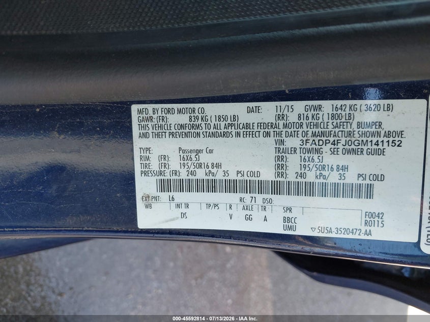 2016 Ford Fiesta Titanium VIN: 3FADP4FJ0GM141152 Lot: 45592814
