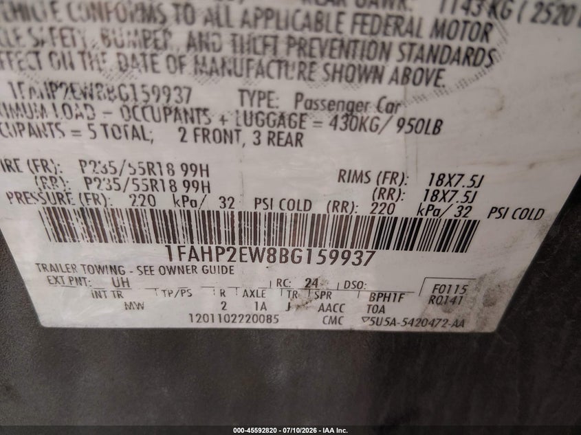2011 Ford Taurus Sel VIN: 1FAHP2EW8BG159937 Lot: 45592820