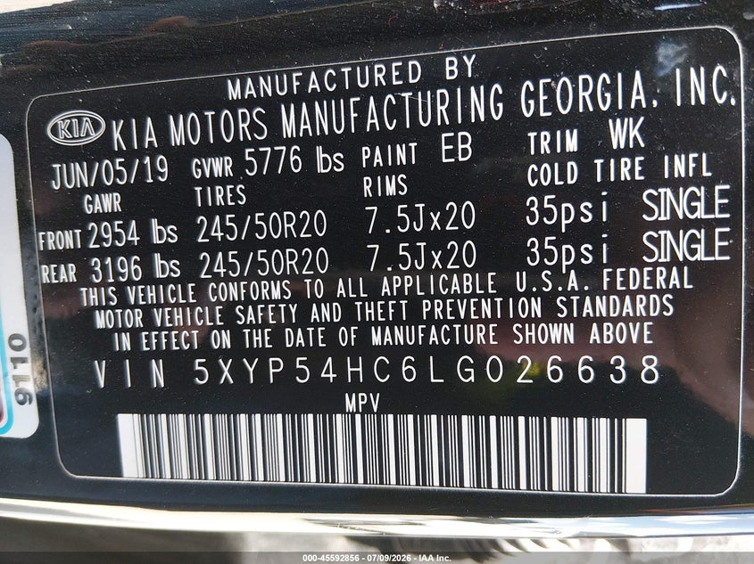2020 Kia Telluride Sx VIN: 5XYP54HC6LG026638 Lot: 45592856