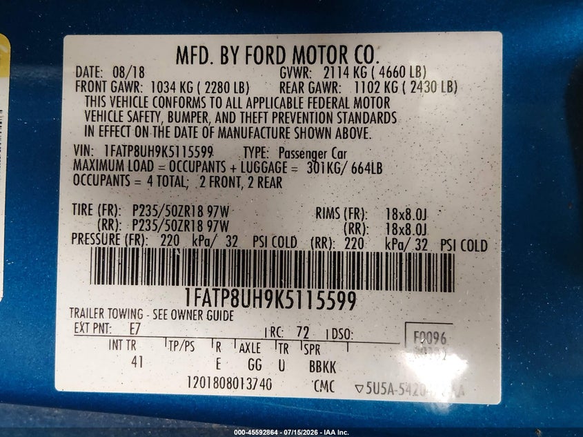 2019 Ford Mustang Ecoboost Premium VIN: 1FATP8UH9K5115599 Lot: 45592864