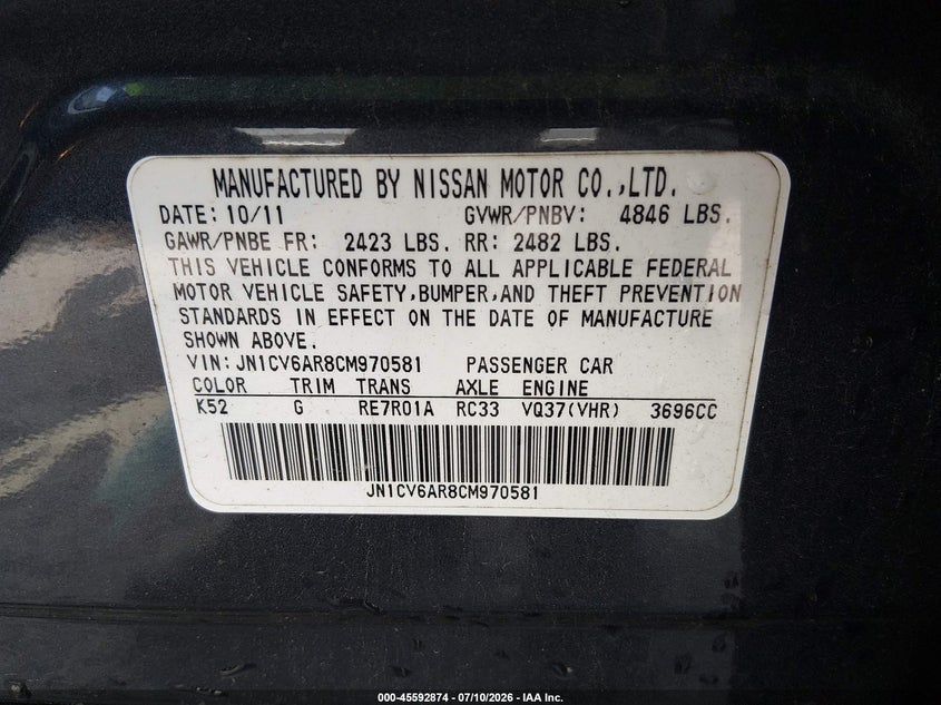 2012 Infiniti G37X VIN: JN1CV6AR8CM970581 Lot: 45592874