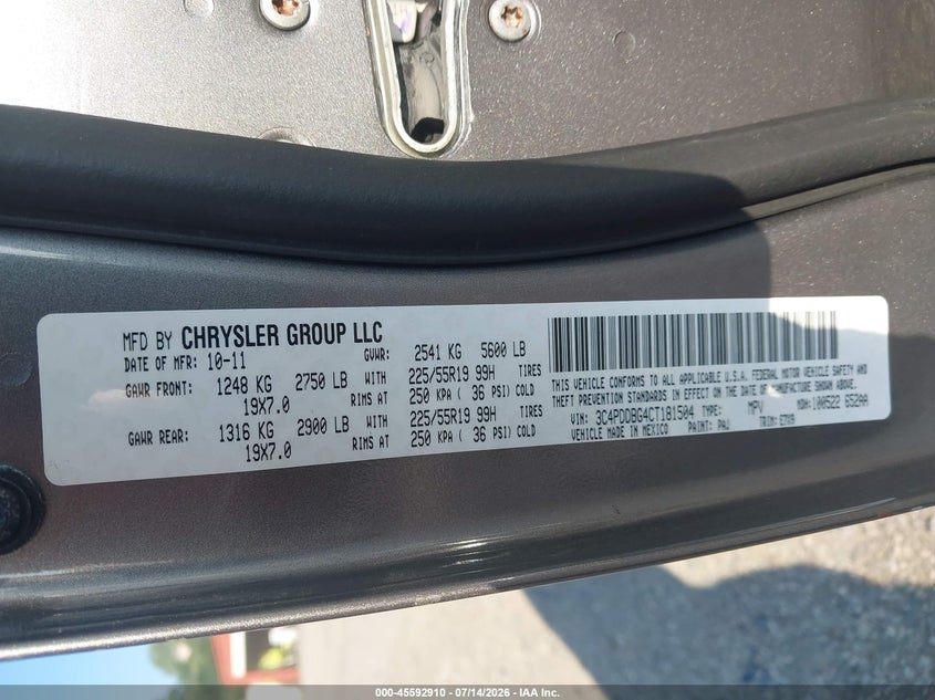 2012 Dodge Journey Sxt VIN: 3C4PDDBG4CT181504 Lot: 45592910