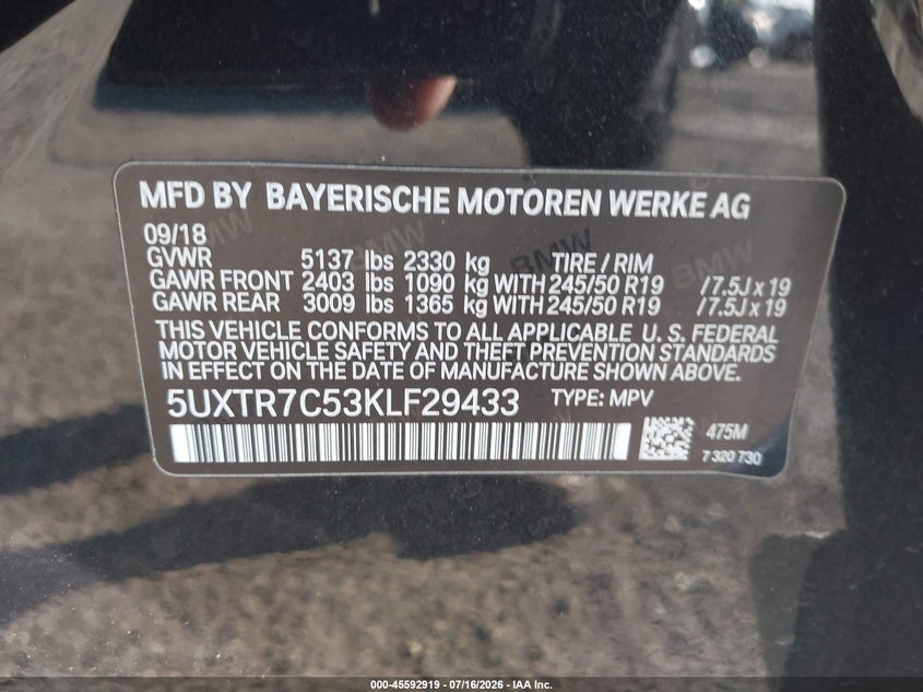2019 BMW X3 Sdrive30I VIN: 5UXTR7C53KLF29433 Lot: 45592919