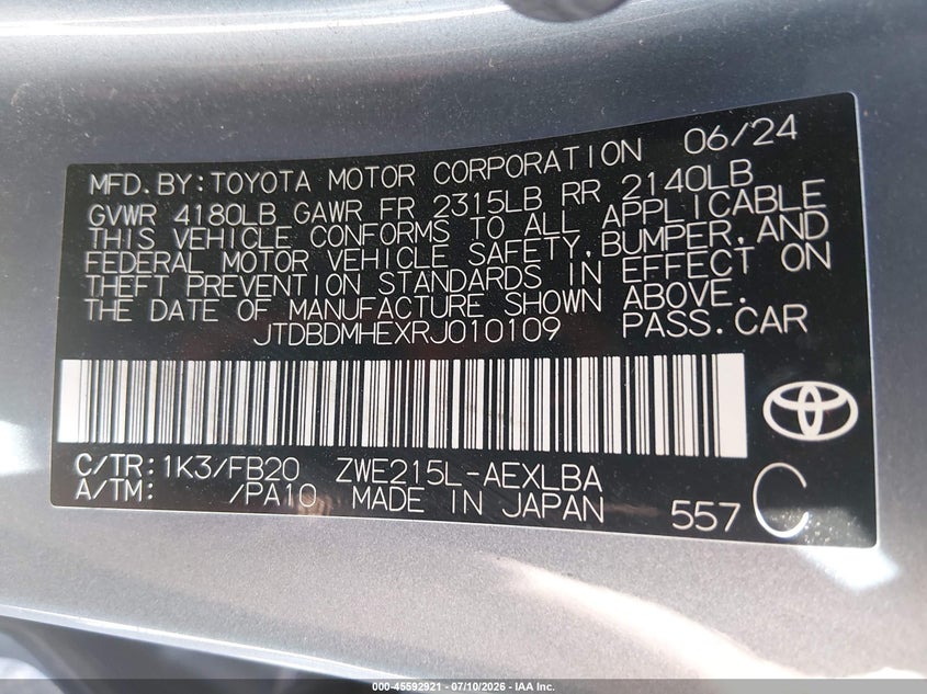 2024 TOYOTA COROLLA SEDAN 1.8L I-4 DOHC, VVT, 96HP