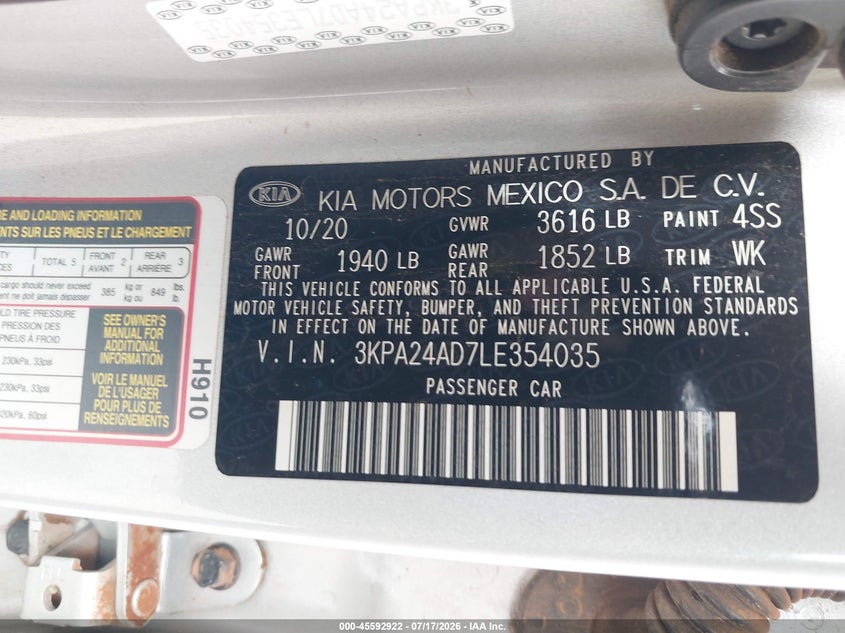 2020 Kia Rio Lx VIN: 3KPA24AD7LE354035 Lot: 45592922