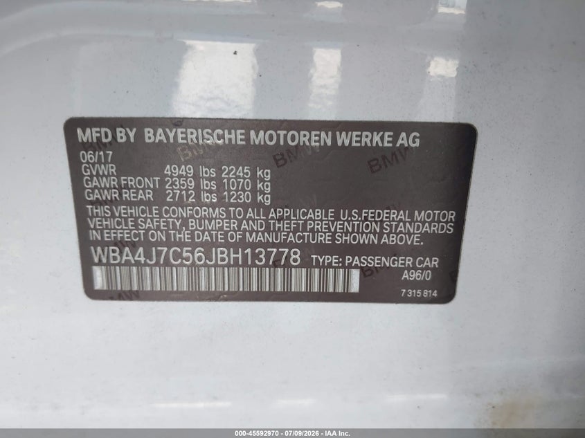2018 BMW 440I Gran Coupe xDrive VIN: WBA4J7C56JBH13778 Lot: 45592970