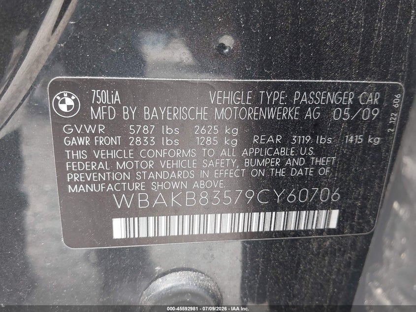 2009 BMW 750Li VIN: WBAKB83579CY60706 Lot: 45592981