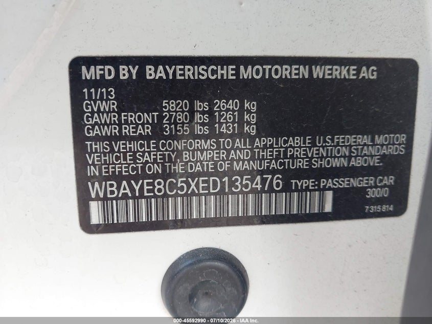2014 BMW Alpina B7 VIN: WBAYE8C5XED135476 Lot: 45592990