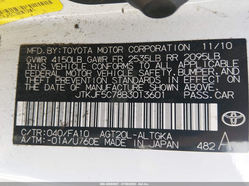 2011 Scion Tc VIN: JTKJF5C78B3013601 Lot: 45593007