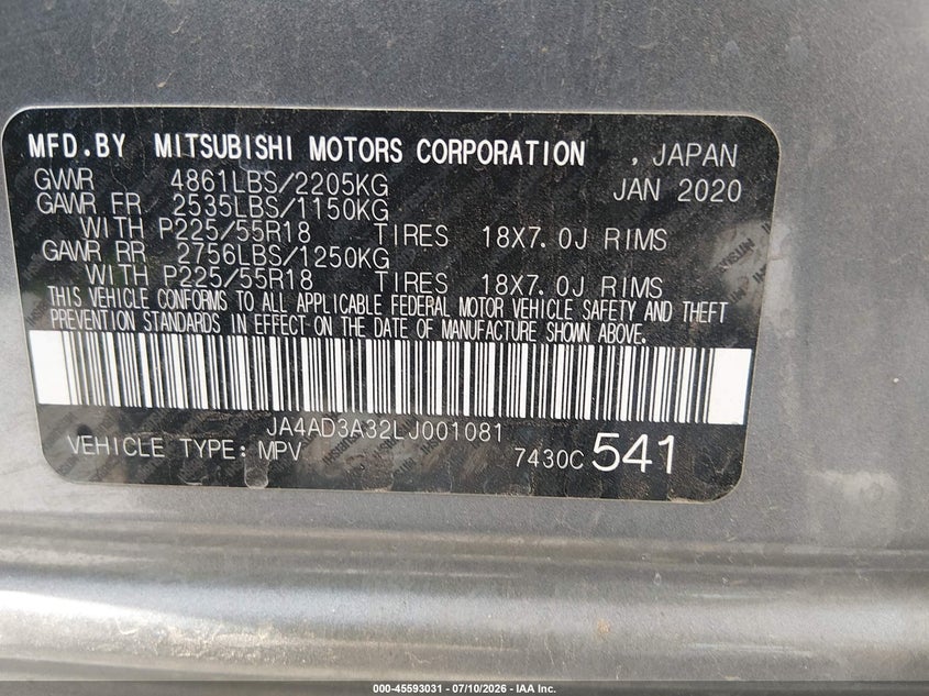2020 Mitsubishi Outlander Le 2.4/Se 2.4/Sel 2.4/Sp 2.4 VIN: JA4AD3A32LJ001081 Lot: 45593031