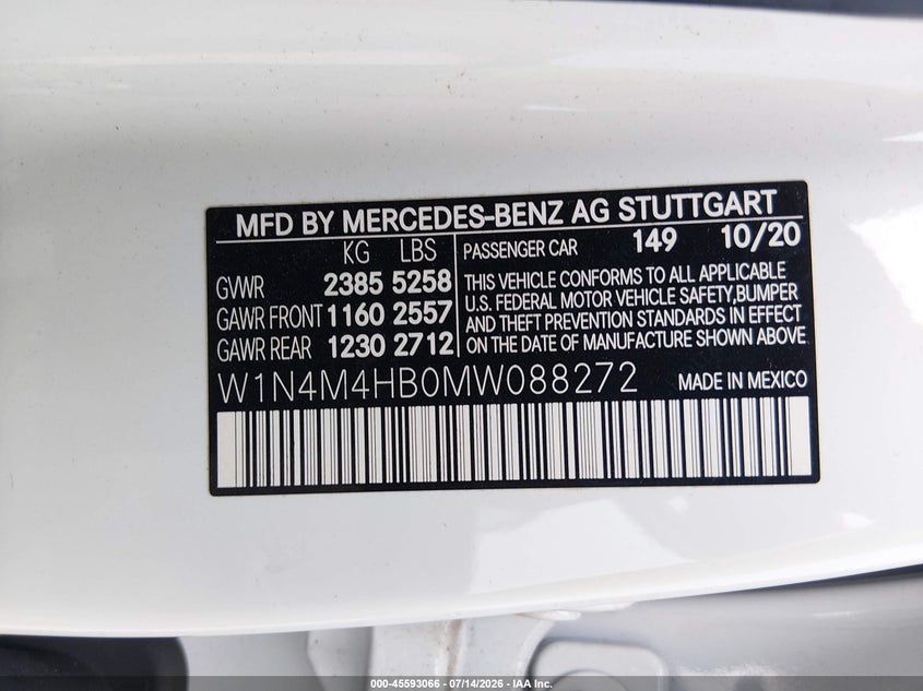 2021 Mercedes-Benz Glb 250 4Matic VIN: W1N4M4HB0MW088272 Lot: 45593066
