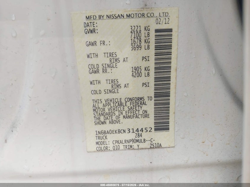 2012 Nissan Titan S VIN: 1N6BA0EK8CN314452 Lot: 45593075