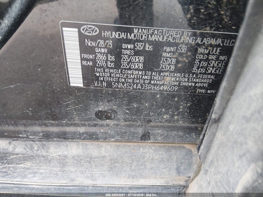 2023 Hyundai Santa Fe Sel VIN: 5NMS24AJ3PH649609 Lot: 45593081