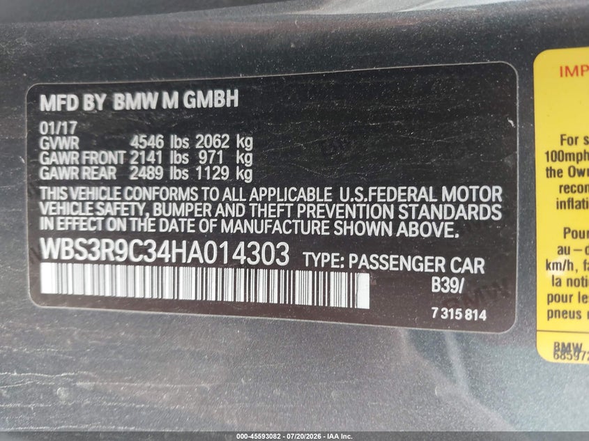 2017 BMW M4 VIN: WBS3R9C34HA014303 Lot: 45593082