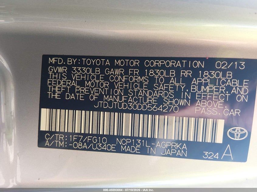 2013 Toyota Yaris L VIN: JTDJTUD30DD564270 Lot: 45593084