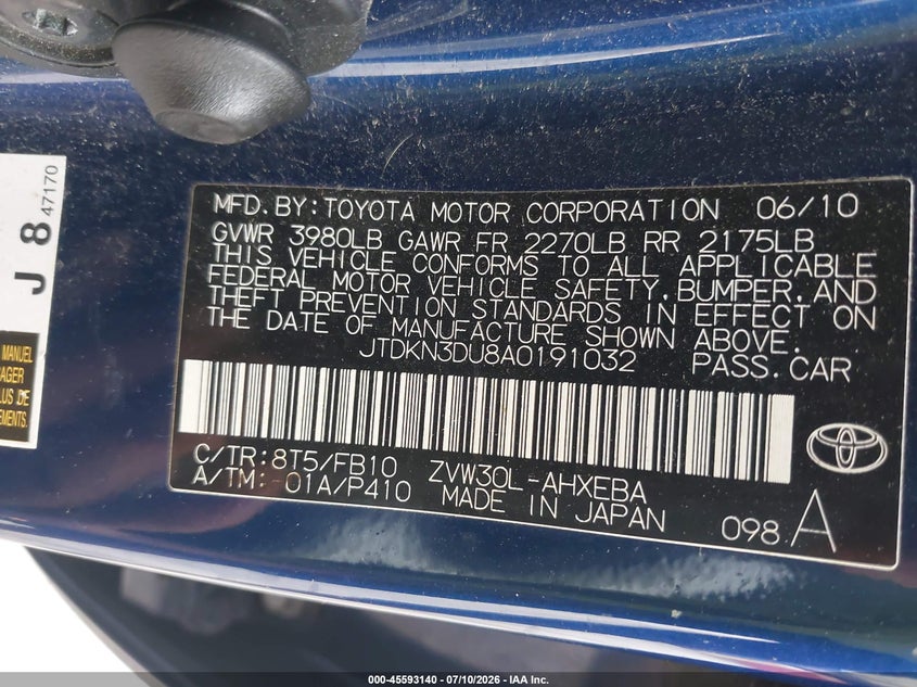 2010 TOYOTA PRIUS HATCHBACK 1.8L I-4 DOHC, VVT, 98HP