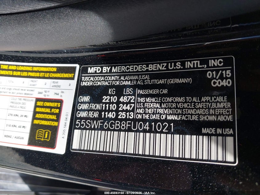 2015 Mercedes-Benz C 400 4Matic VIN: 55SWF6GB8FU041021 Lot: 45593158
