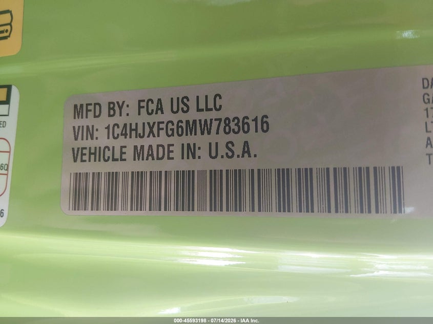 JEEP WRANGLER UNLIMITED 2021 VIN 1C4HJXFG6MW783616