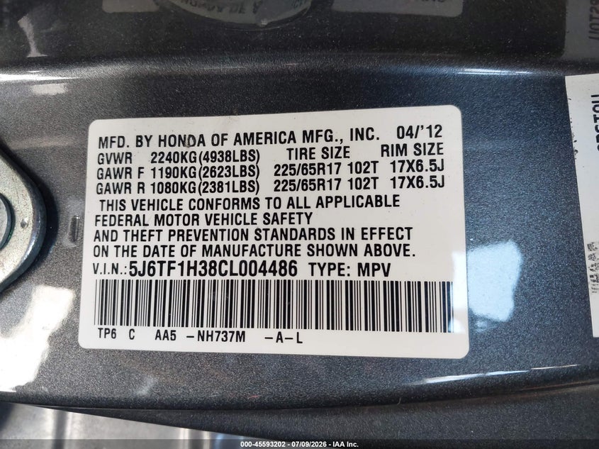 2012 Honda Crosstour Ex VIN: 5J6TF1H38CL004486 Lot: 45593202