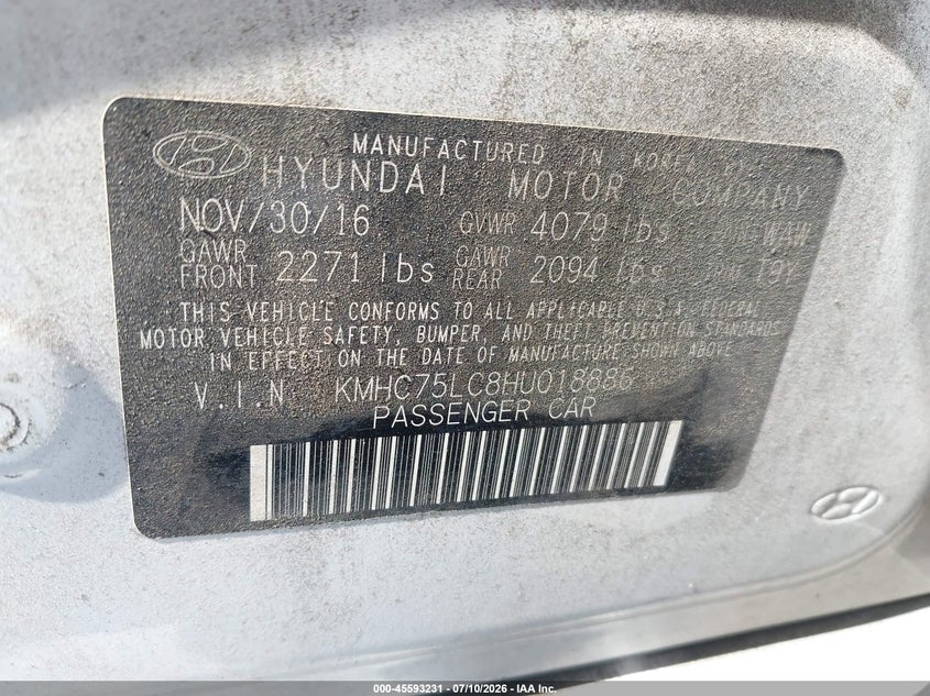 2017 Hyundai Ioniq Hybrid Sel VIN: KMHC75LC8HU018886 Lot: 45593231