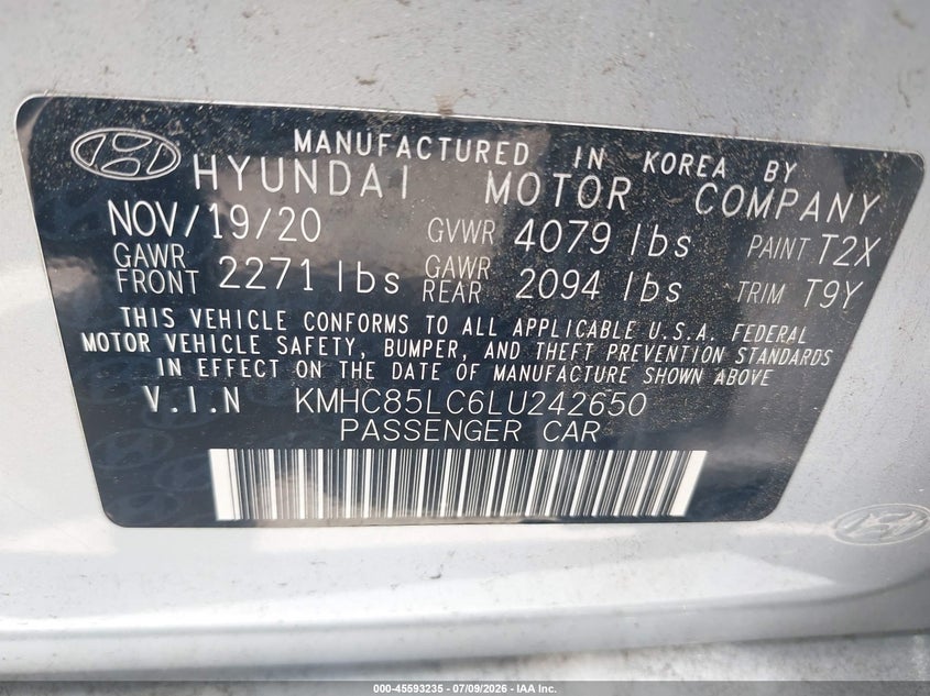 2020 Hyundai Ioniq Hybrid Sel VIN: KMHC85LC6LU242650 Lot: 45593235