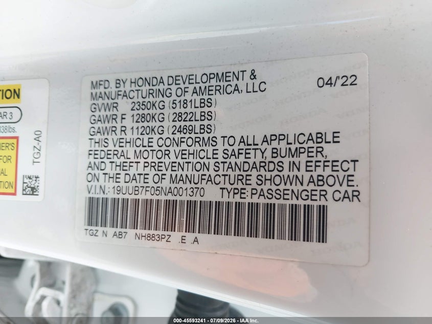 2022 Acura Tlx Type S VIN: 19UUB7F05NA001370 Lot: 45593241