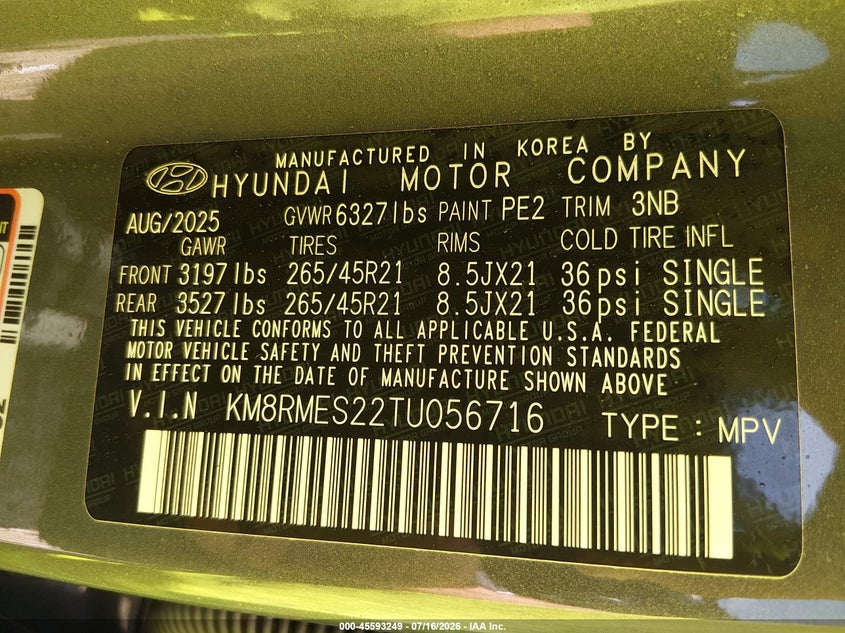2026 Hyundai Palisade Calligraphy VIN: KM8RMES22TU056716 Lot: 45593249