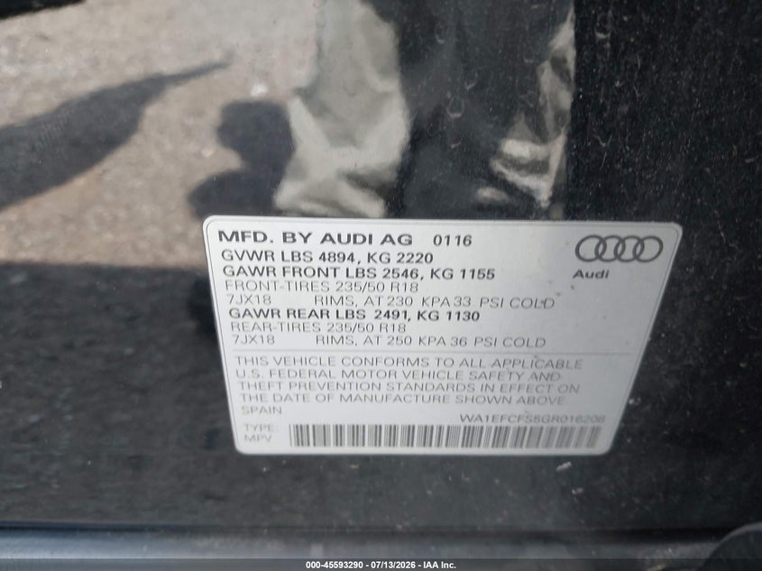 2016 Audi Q3 2.0T Premium Plus VIN: WA1EFCFS5GR016208 Lot: 45593290