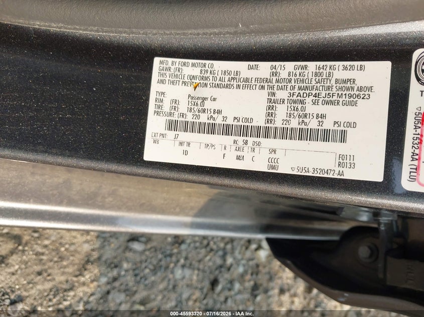 2015 Ford Fiesta Se VIN: 3FADP4EJ5FM190623 Lot: 45593320