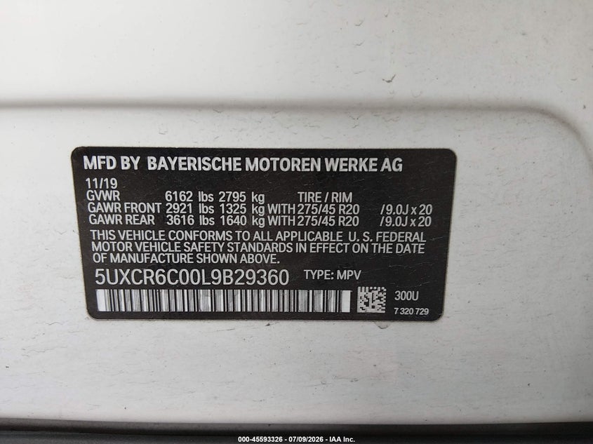2020 BMW X5 xDrive40I VIN: 5UXCR6C00L9B29360 Lot: 45593326