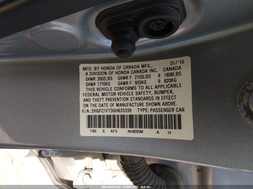 2016 HONDA CIVIC SEDAN 1.5L I-4 DI, DOHC, VVT, TURBO, 174HP