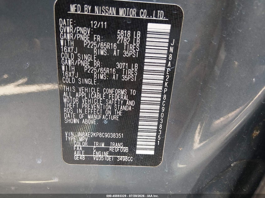 2012 Nissan Quest Sv VIN: JN8AE2KP8C9038351 Lot: 45593329
