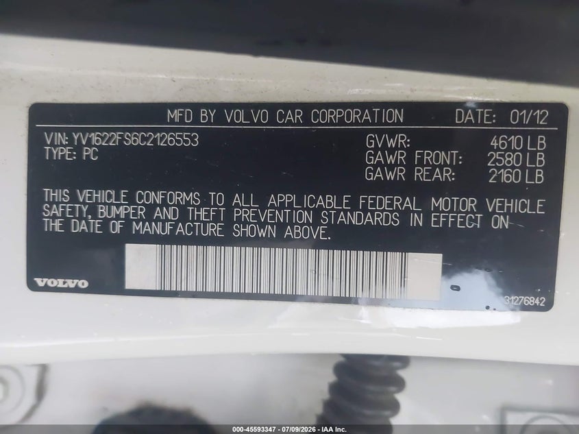 2012 Volvo S60 T5/T5 W/Moonroof VIN: YV1622FS6C2126553 Lot: 45593347