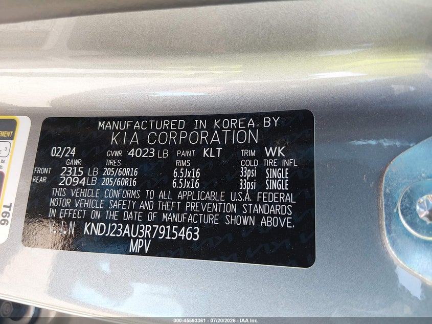 2024 Kia Soul Lx VIN: KNDJ23AU3R7915463 Lot: 45593361