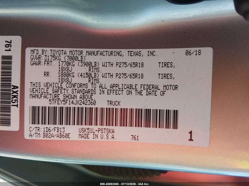 2018 Toyota Tundra Sr5 5.7L V8 VIN: 5TFEY5F14JX242360 Lot: 45593365