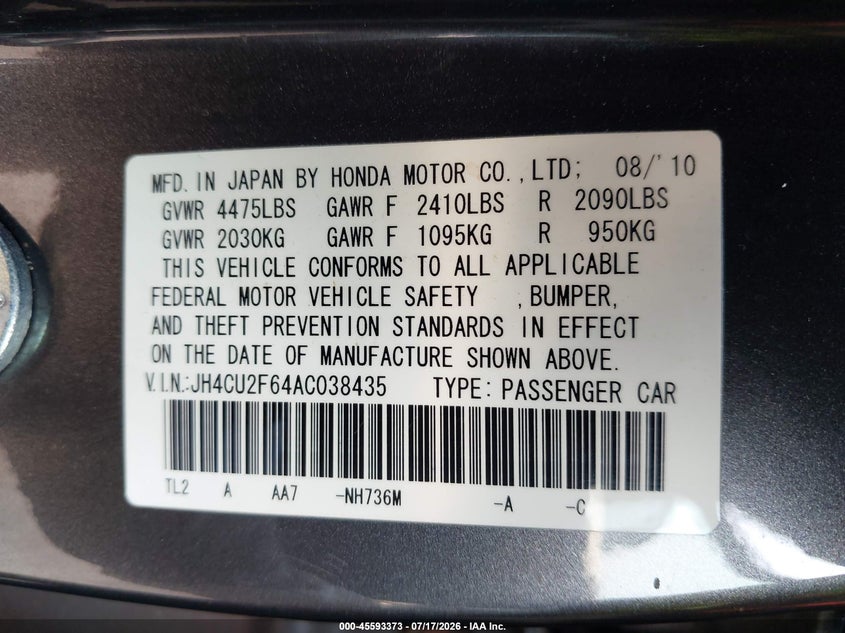 2010 Acura Tsx 2.4 VIN: JH4CU2F64AC038435 Lot: 45593373