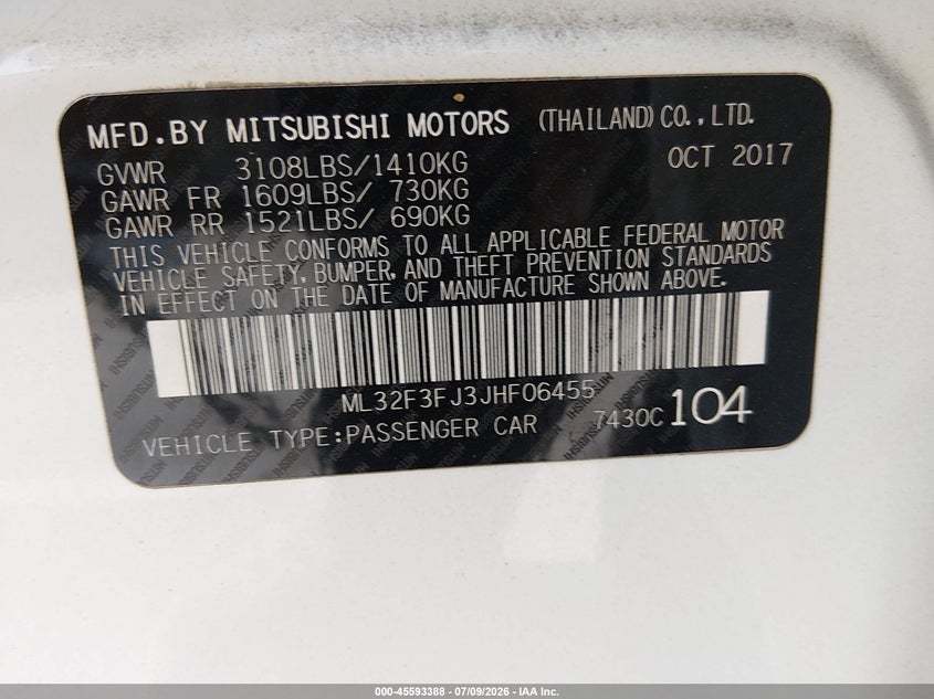 2018 Mitsubishi Mirage G4 Es VIN: ML32F3FJ3JHF06455 Lot: 45593388