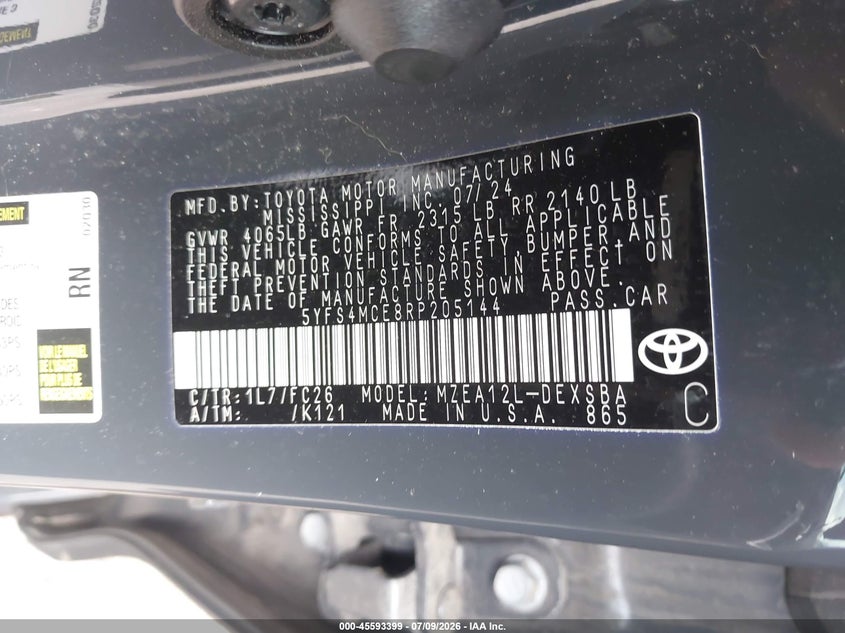 TOYOTA COROLLA 2024 VIN 5YFS4MCE8RP205144