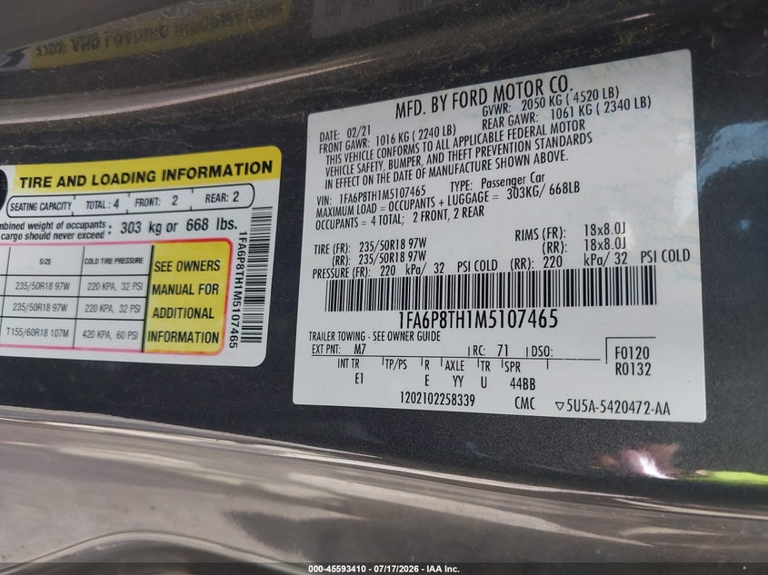 FORD MUSTANG 2021 VIN 1FA6P8TH1M5107465
