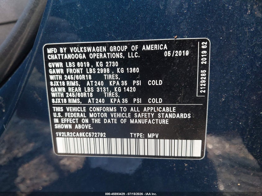 2019 Volkswagen Atlas 3.6L V6 Se VIN: 1V2LR2CA8KC572792 Lot: 45593429