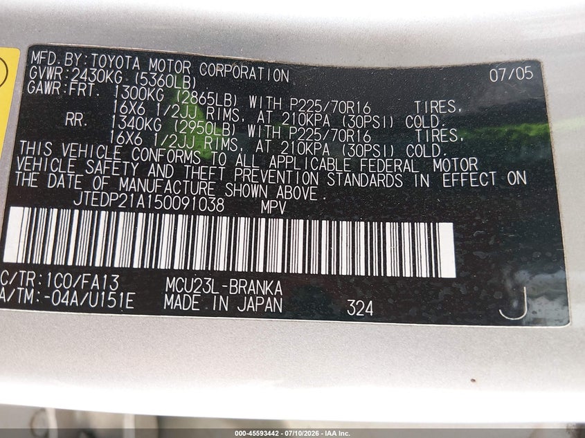 2005 TOYOTA HIGHLANDER SPORT UTILITY VEHICLE 3.3L V-6 DOHC, VVT, 230HP