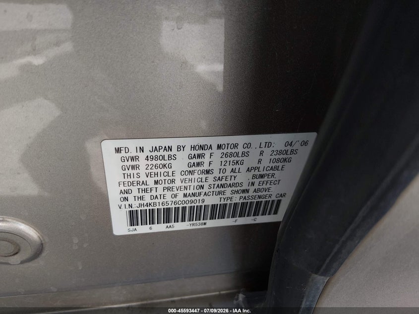 2006 Acura Rl 3.5 VIN: JH4KB16576C009019 Lot: 45593447
